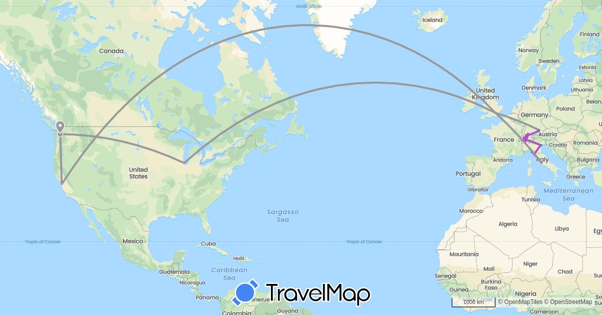 TravelMap itinerary: driving, bus, plane, train, hiking, boat in Switzerland, Germany, United Kingdom, Italy, United States, Vatican City (Europe, North America)